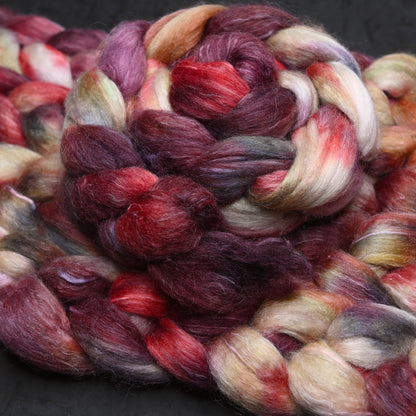 Strawberry Rhubarb on Hand Dyed Polwarth Silk Ramie Combed Top - 4 oz
