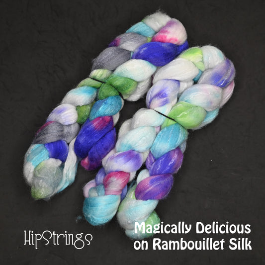 Magically Delicious on Hand Dyed 80/20 Rambouillet Wool Tussah Silk Combed Top - 4 oz
