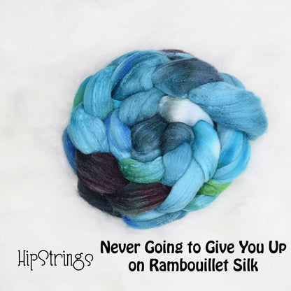Never Going to Give You Up on Hand Dyed 80/20 Rambouillet Wool Tussah Silk Combed Top - 4 oz