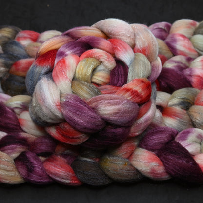 Strawberry Rhubarb on Hand Dyed 80/20 Rambouillet Wool Tussah Silk Combed Top - 4 oz