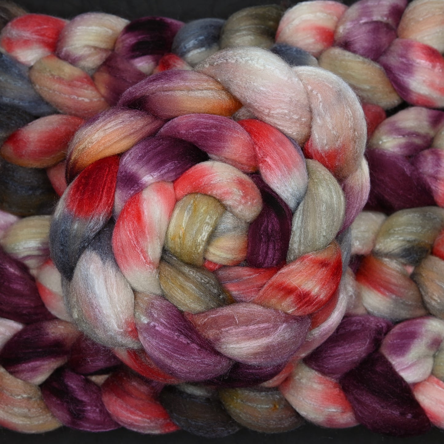 Strawberry Rhubarb on Hand Dyed 80/20 Rambouillet Wool Tussah Silk Combed Top - 4 oz
