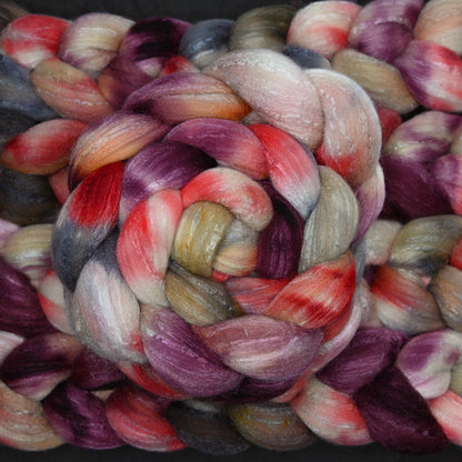 Strawberry Rhubarb on Hand Dyed 80/20 Rambouillet Wool Tussah Silk Combed Top - 4 oz