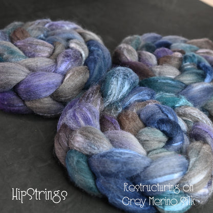 Restructuring on Hand Dyed Grey Merino/Tussah Silk Combed Top 4 oz